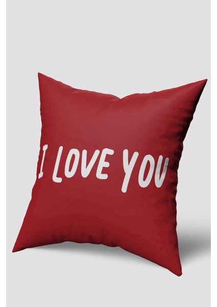 Kırmızı Beyaz I Love You Yazılı Kırlent Kılıfı