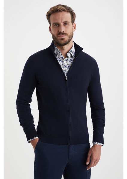 Extrafine Merino Fermuarlı Lacivert Triko Hırka