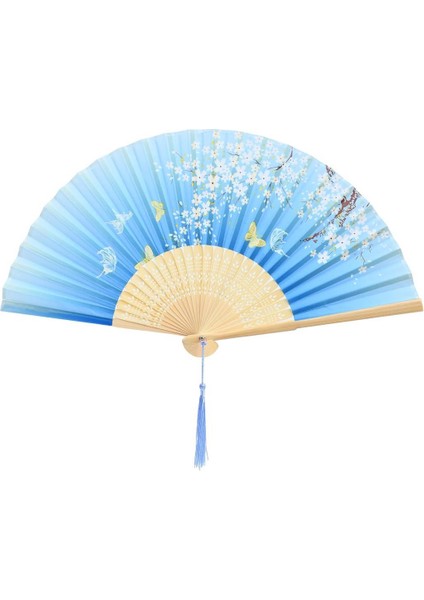 Yelpaze Bambu Vintage Mavi Kelebekli Bahar Dalı Desenli Şık Püsküllü Japon Yelpaze 0396