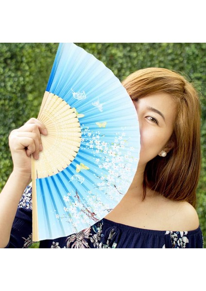 Yelpaze Bambu Vintage Mavi Kelebekli Bahar Dalı Desenli Şık Püsküllü Japon Yelpaze 0396