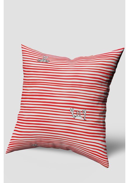 Kırmızı Beyaz Çizgili Yengeç Figürlü Kırlent Kılıfı