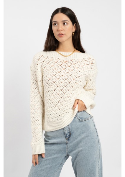 Rtd&vld Kadın Vita S-145 Pearl Kayık Yaka Incili Ajurlu Triko Kazak Ekru