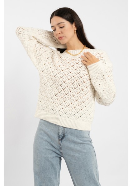 Rtd&vld Kadın Vita S-145 Pearl Kayık Yaka Incili Ajurlu Triko Kazak Ekru fırsatları
