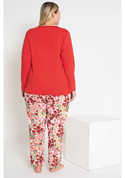 Kadın Kırmızı Renkli Çiçek Desenli Uzun Kollu Pijama Takımı B-48