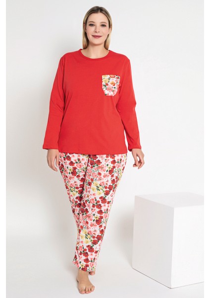 Kadın Kırmızı Renkli Çiçek Desenli Uzun Kollu Pijama Takımı B-48