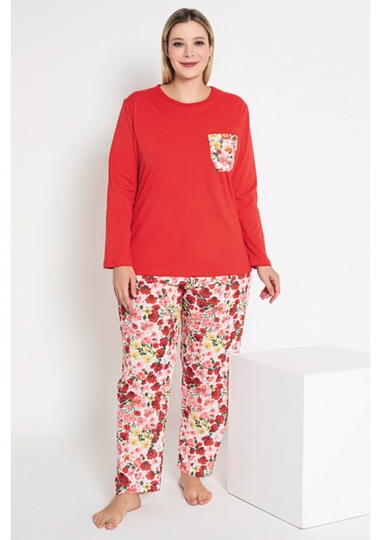 Kadın Kırmızı Renkli Çiçek Desenli Uzun Kollu Pijama Takımı B-48 modelleri