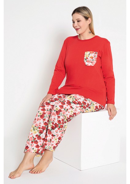 Kadın Kırmızı Renkli Çiçek Desenli Uzun Kollu Pijama Takımı B-48 fırsatları