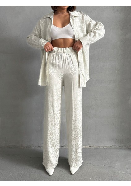 Kadın Leopar Desenli Oversize Saten Takım