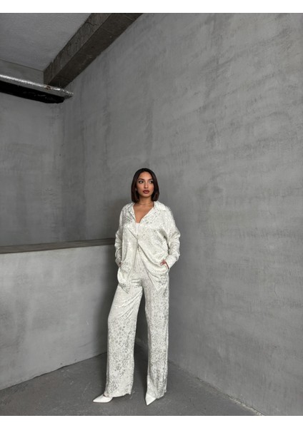Kadın Leopar Desenli Oversize Saten Takım