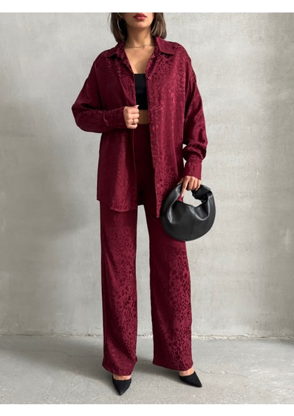 Kadın Leopar Desenli Oversize Saten Takım