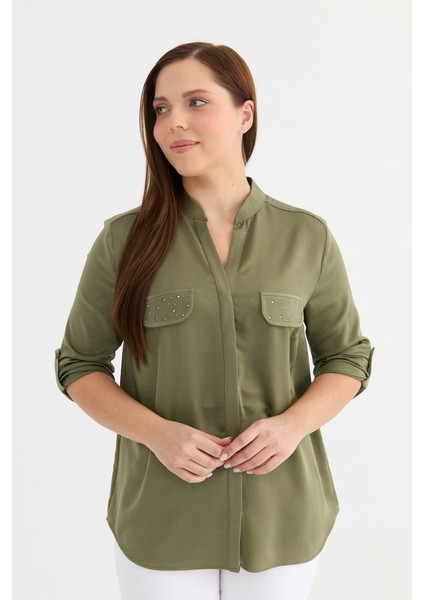 Büyük Beden Hakim Yaka Cebi Taşlı Bluz