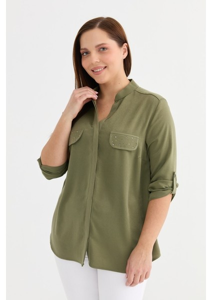 Büyük Beden Hakim Yaka Cebi Taşlı Bluz fiyatları