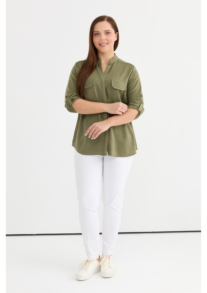 Büyük Beden Hakim Yaka Cebi Taşlı Bluz modelleri