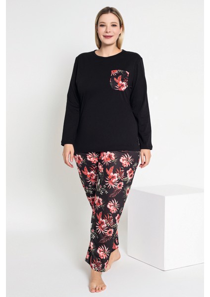 Kadın Siyah Renkli Çiçek Desenli Uzun Kollu Pijama Takımı B-46