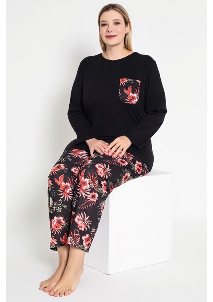 Kadın Siyah Renkli Çiçek Desenli Uzun Kollu Pijama Takımı B-46 fiyatları