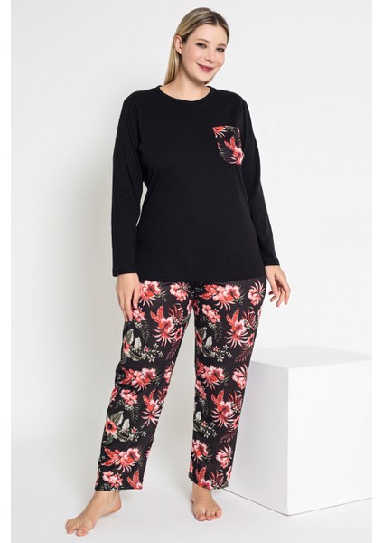Kadın Siyah Renkli Çiçek Desenli Uzun Kollu Pijama Takımı B-46 modelleri