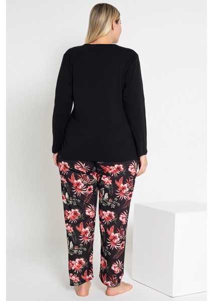 Kadın Siyah Renkli Çiçek Desenli Uzun Kollu Pijama Takımı B-46 fırsatları