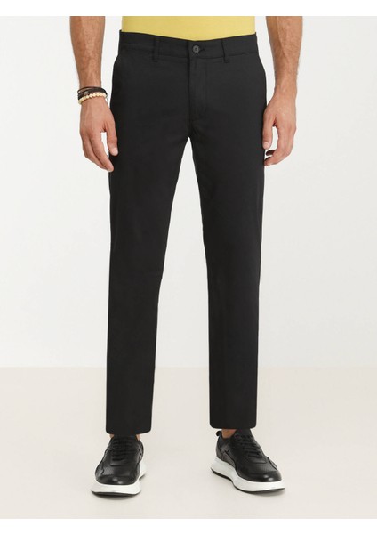Siyah Düz Dokuma Slim Fit Casual Pamuk Karışımlı Pantolon