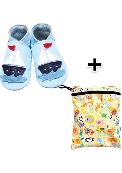 Ikili Set, Yorni Çanta 30X36CM, Summer ve 18-24AY Bebek Sailboat Baby Blue El Yapımı Hakiki Deriden Patik