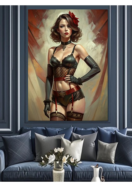Jartiyerli Pin Up Kızı Dekoratif Kanvas - Mdf Ahşap Tablo
