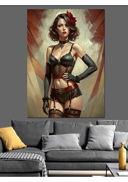 Jartiyerli Pin Up Kızı Dekoratif Kanvas - Mdf Ahşap Tablo fiyatları