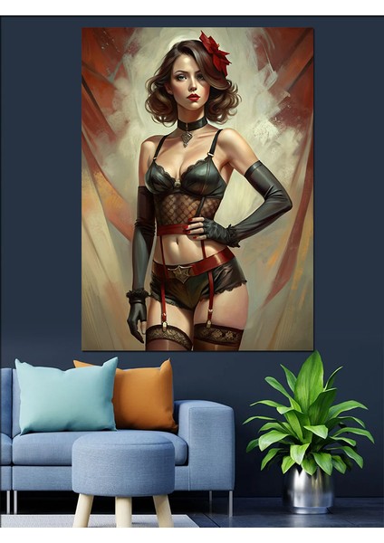 Jartiyerli Pin Up Kızı Dekoratif Kanvas - Mdf Ahşap Tablo fırsatları