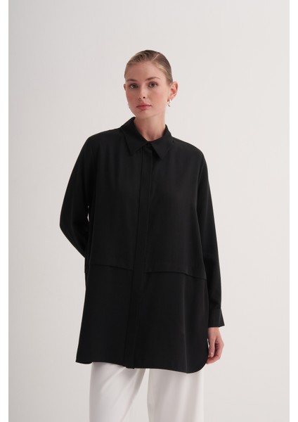 Siyah %100 Liyosel Beli Kesik Detaylı Gömlek