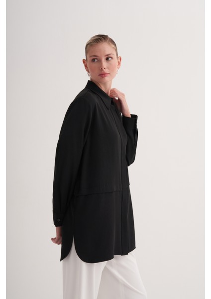 Siyah %100 Liyosel Beli Kesik Detaylı Gömlek modelleri