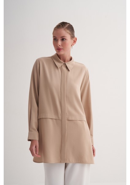 Bej %100 Liyosel Beli Kesik Detaylı Gömlek