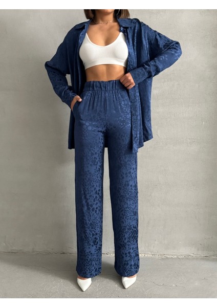 Kadın Leopar Desenli Oversize Saten Takım