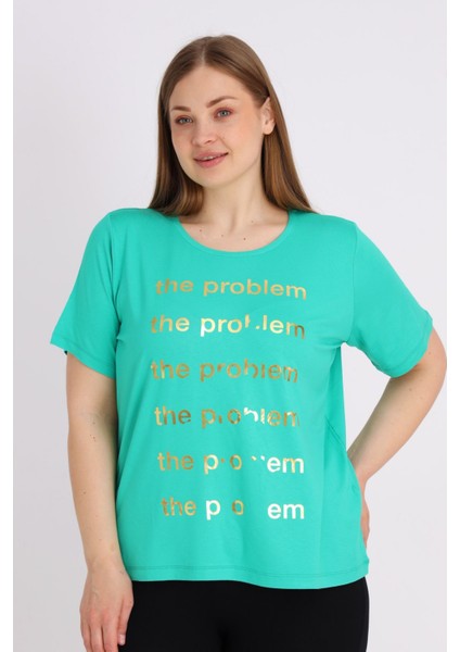 Kadın Yeşil Kısa Kollu Baskılı Büyük Beden T-Shirt modelleri