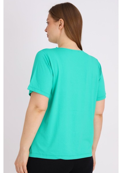 Kadın Yeşil Kısa Kollu Baskılı Büyük Beden T-Shirt fırsatları