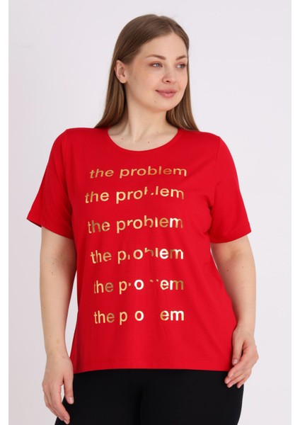 Kırmızı Kısa Kollu Baskılı Kadın Büyük Beden Rahat Kalıp T-Shirt modelleri