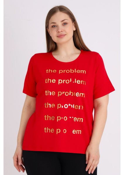 Kırmızı Kısa Kollu Baskılı Kadın Büyük Beden Rahat Kalıp T-Shirt