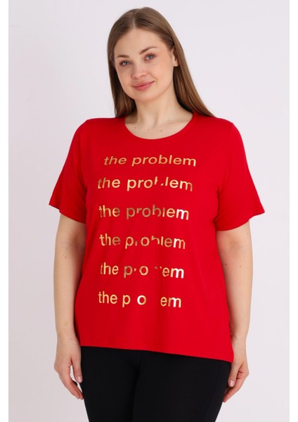 Kırmızı Kısa Kollu Baskılı Kadın Büyük Beden Rahat Kalıp T-Shirt fiyatları