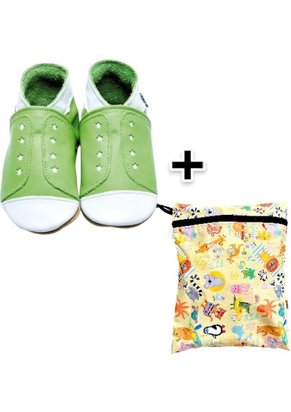 Ikili Set, Yorni Çanta 30x36CM, Summer ve 18-24AY Bebek Sneaker Green El Yapımı Hakiki Deriden Patik