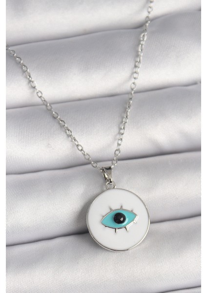 316L Çelik Gümüş Renk Zincir Beyaz Mineli Turkuaz Göz Işleme Model Kadın Kolye