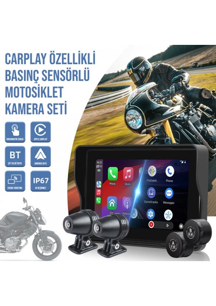 Idragon® MT10 Motosiklet Carplay Android Ios Arka Ön Kamera Lastik Basınç Sensörlü Araç Kamerası