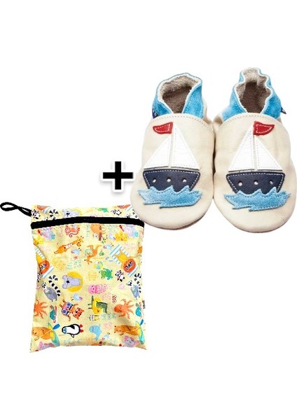 Ikili Set, Yorni Çanta 30x36CM, Summer ve 18-24AY Bebek Sailboat Cream El Yapımı Hakiki Deriden Patik