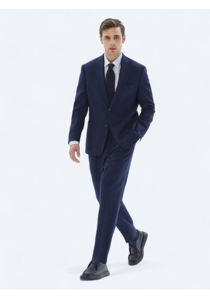 Indigo Düz Comfort Fit Yün Karışımlı Takım Elbise