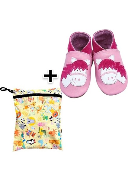 Ikili Set, Yorni Çanta 30x36CM, Summer ve 18-24AY Bebek Horse Baby Pink El Yapımı Hakiki Deriden Patik