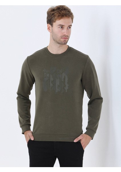 Haki Bisiklet Yaka Baskılı Sweatshırt