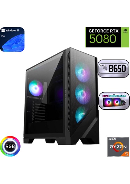 Ryzen 5 7500F 16GB Ddr5 2tb SSD Rtx 5080 16GB B650 Anakart 240MM Sıvı Soğutma Windows 11 Pro Oyuncu Bilgisayarı