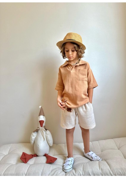 Yigit Butik Müslin Kumaş Gömlek Yaka Erkek Çocuk Şortlu Takım