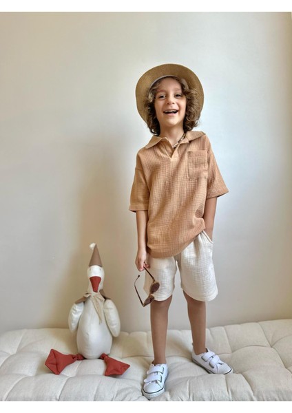Yigit Butik Müslin Kumaş Gömlek Yaka Erkek Çocuk Şortlu Takım