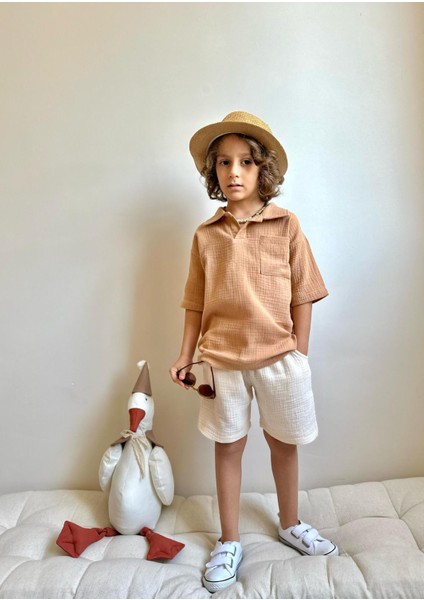 Yigit Butik Müslin Kumaş Gömlek Yaka Erkek Çocuk Şortlu Takım
