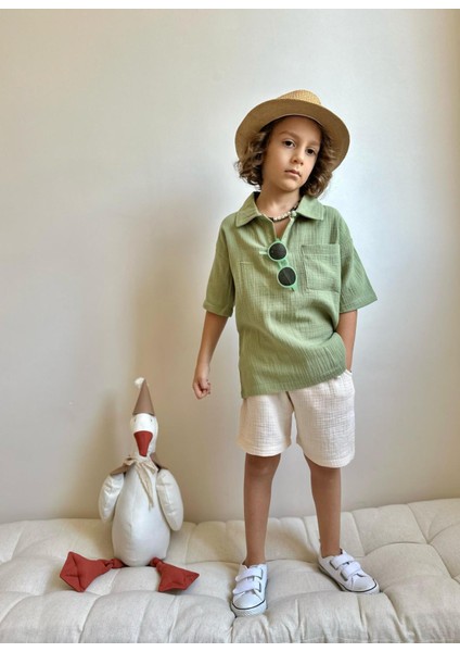 Yigit Butik Müslin Kumaş Gömlek Yaka Erkek Çocuk Şortlu Takım