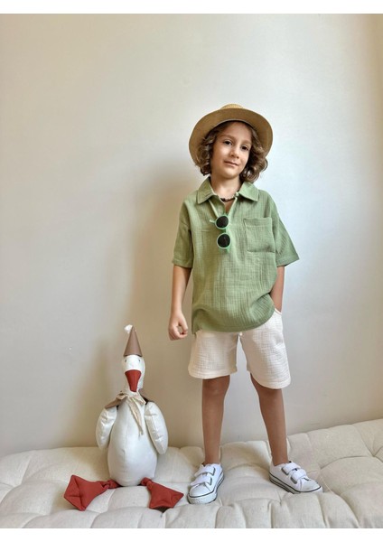 Yigit Butik Müslin Kumaş Gömlek Yaka Erkek Çocuk Şortlu Takım