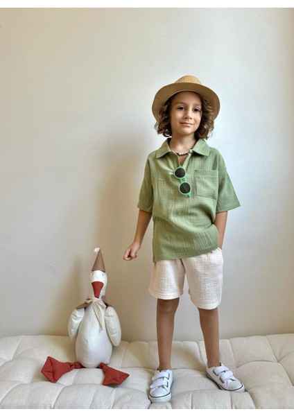 Yigit Butik Müslin Kumaş Gömlek Yaka Erkek Çocuk Şortlu Takım