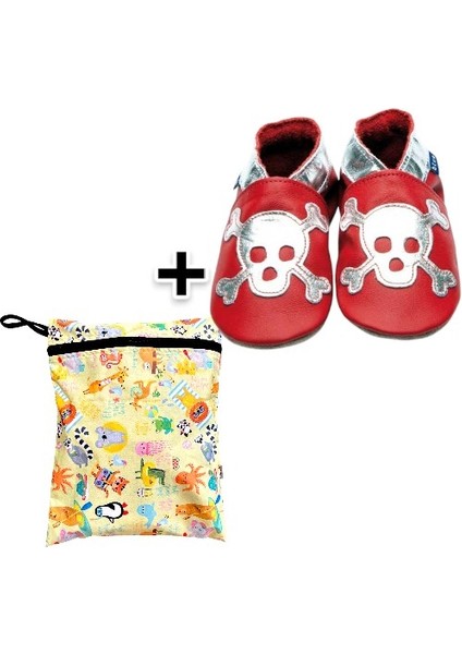 Ikili Set, Yorni Çanta 30x36CM, Summer ve 18-24AY Bebek Skull Red Silver El Yapımı Hakiki Deriden Patik